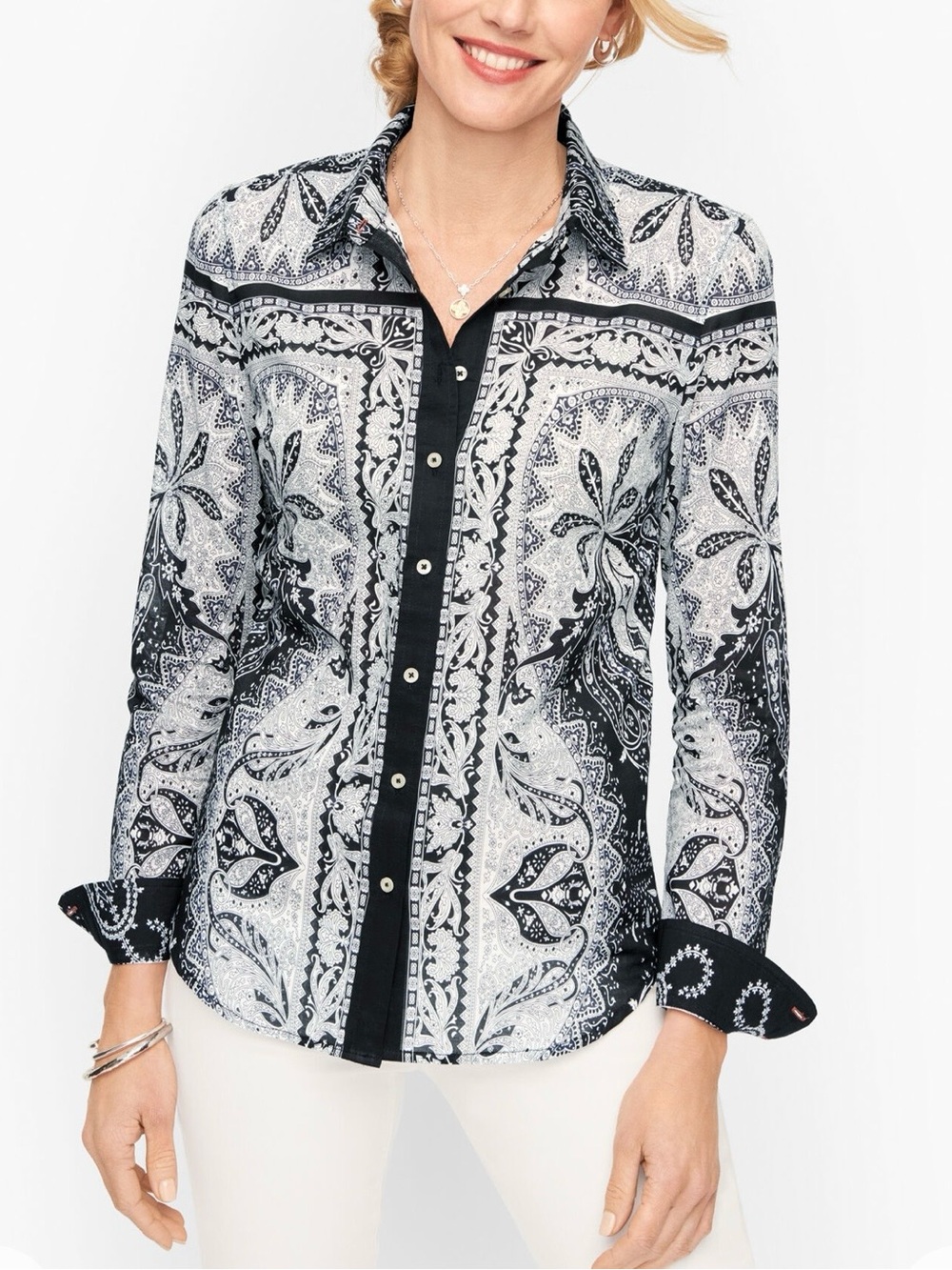 Talbots Classic Cotton Button Up Shirt Size XLP Black White Paisley Long Sleeve